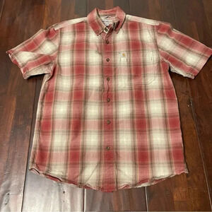 Carhartt Shirt Mens MED Red Cream Plaid SS Midweight Button Up Pockets Loose Fit